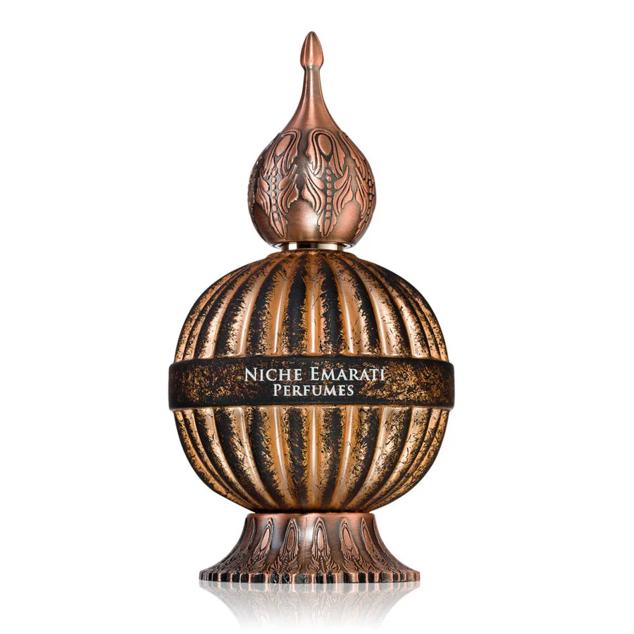 Frasco de perfume em metal cobre envelhecido com relevo e etiqueta com texto