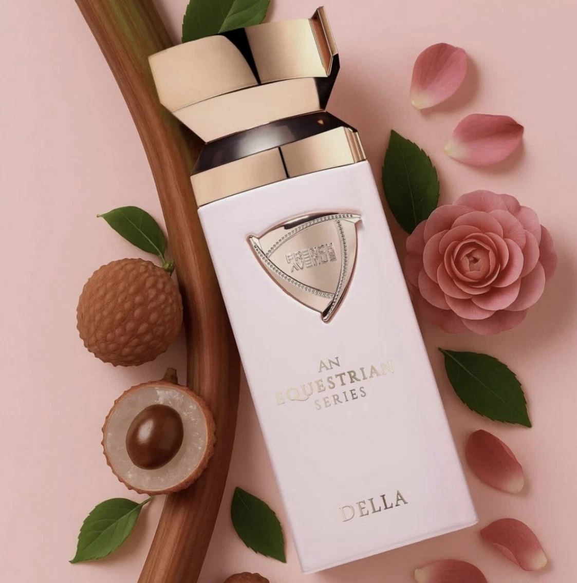 Frasco de perfume branco com tampa dourada entre flores e frutos em fundo rosa