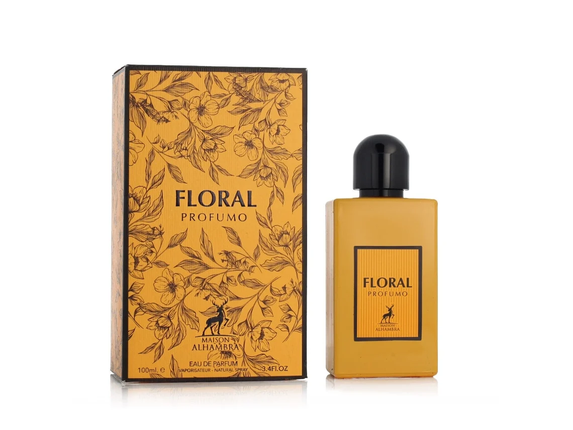 Frasco e caixa de perfume Floral Profumo amarelos com ilustrações florais.