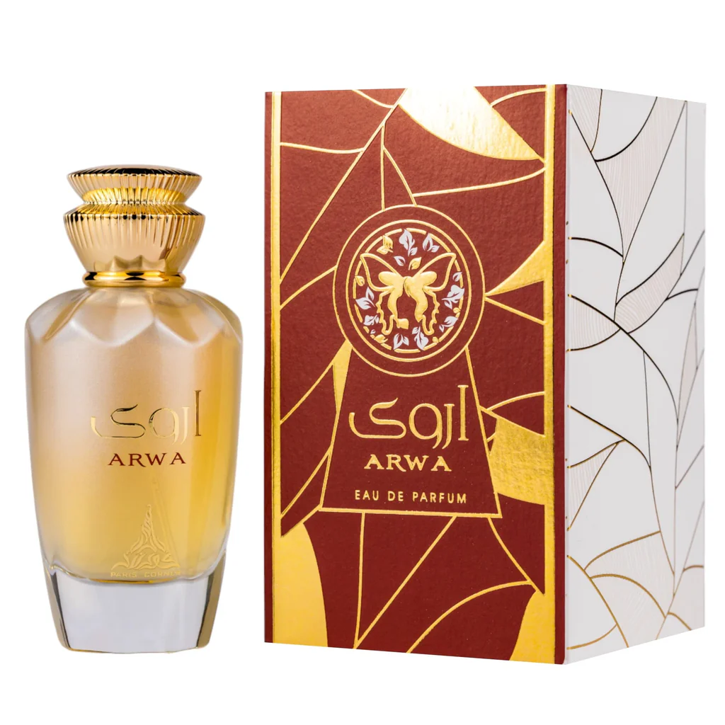 Frasco de perfume dourado ARWA com caixa vermelha e branca decorativa
