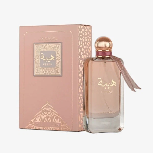 Frasco e caixa de perfume Heibah rosa e dourado