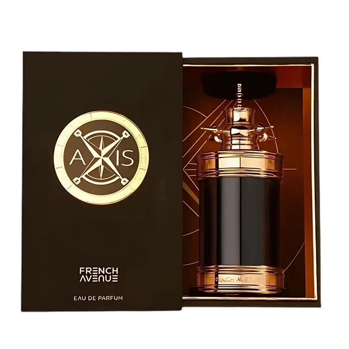 Frasco de perfume preto e dourado em caixa preta com inscrição AXIS