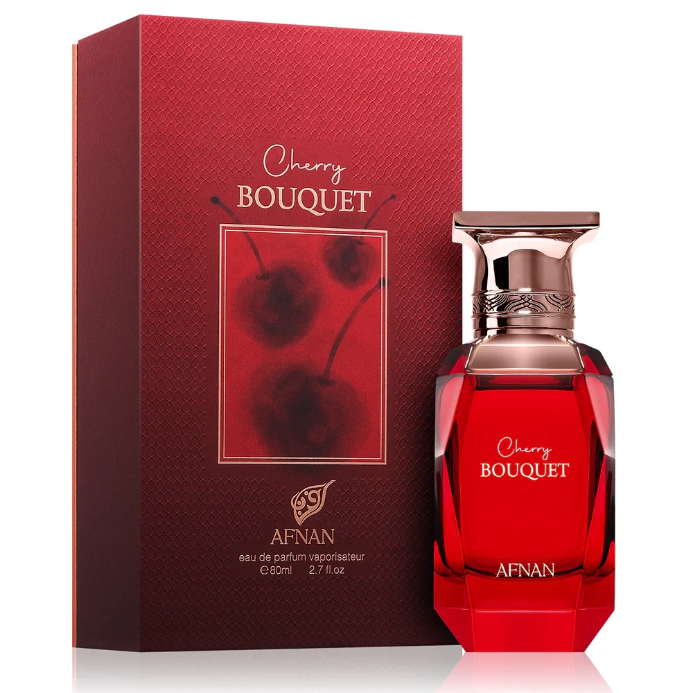 Frasco vermelho de perfume Cherry Bouquet com embalagem correspondente