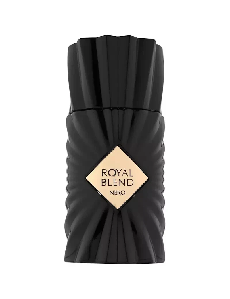 Frasco preto ondulado de perfume Royal Blend Nero com rótulo dourado