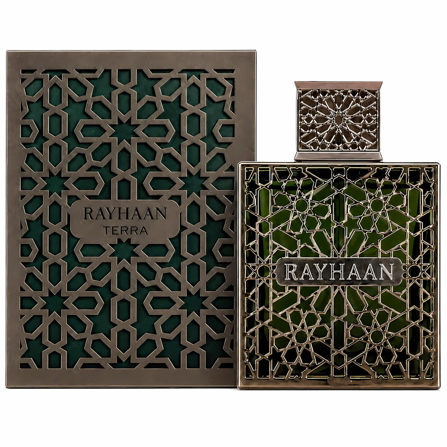 Frasco e caixa de perfume verde com padrão geométrico metálico bronze e texto RAYHAAN TERRA
