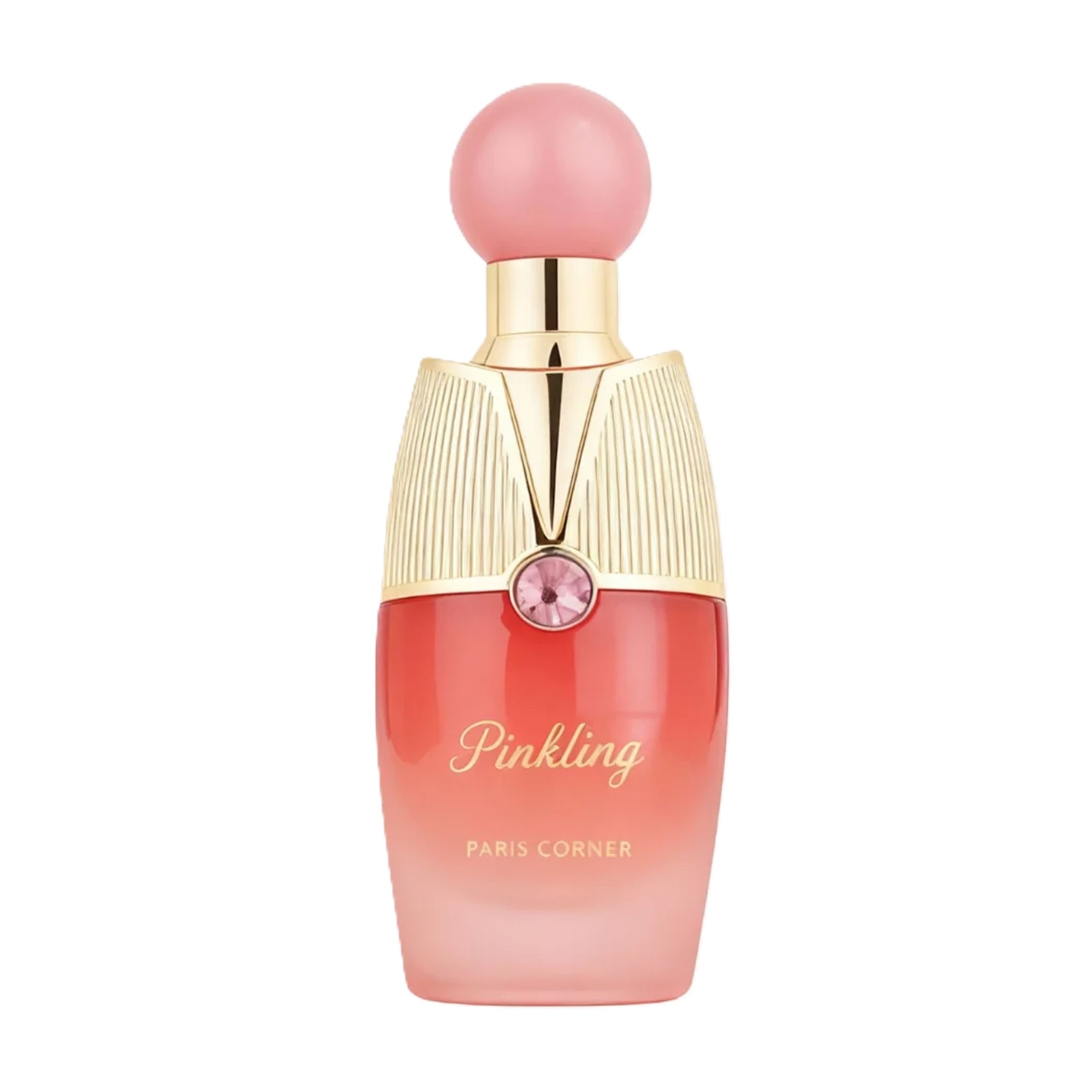 Frasco de perfume degrade vermelho e rosa com tampa dourada e bola rosa