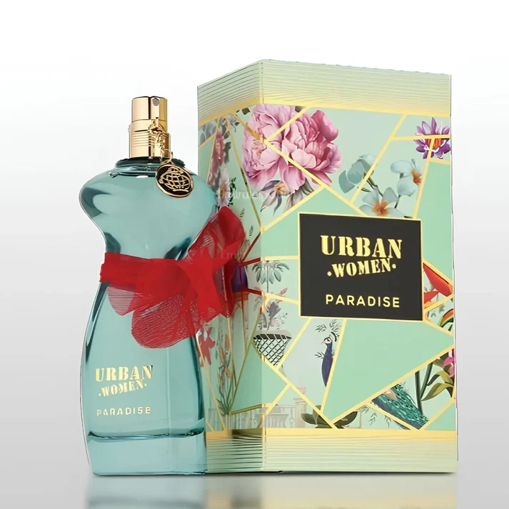 Frasco de perfume azul com laço vermelho junto a embalagem floral URBAN WOMEN PARADISE