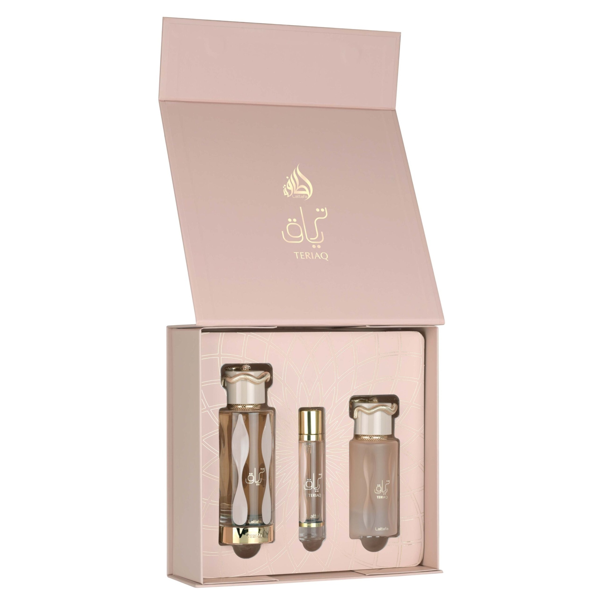 Caixa rosa claro com conjunto de três frascos de vidro para perfume com detalhes dourados e texto TERIAQ