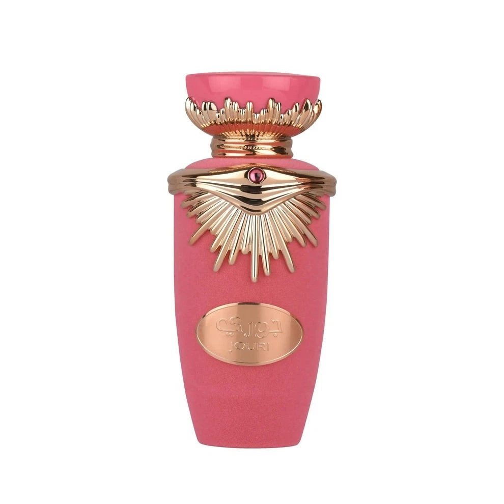 Frasco rosa de perfume com detalhes dourados e inscrição JOURI