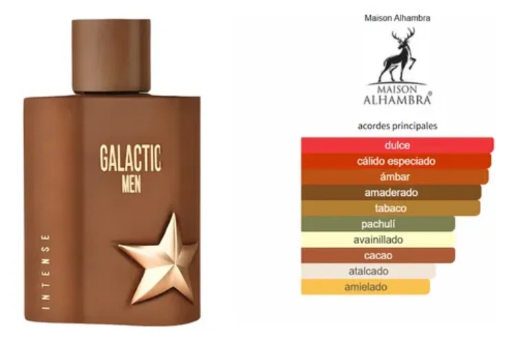 Frasco castanho de perfume masculino Galactic Men com estrela dourada e gráfico de acordes