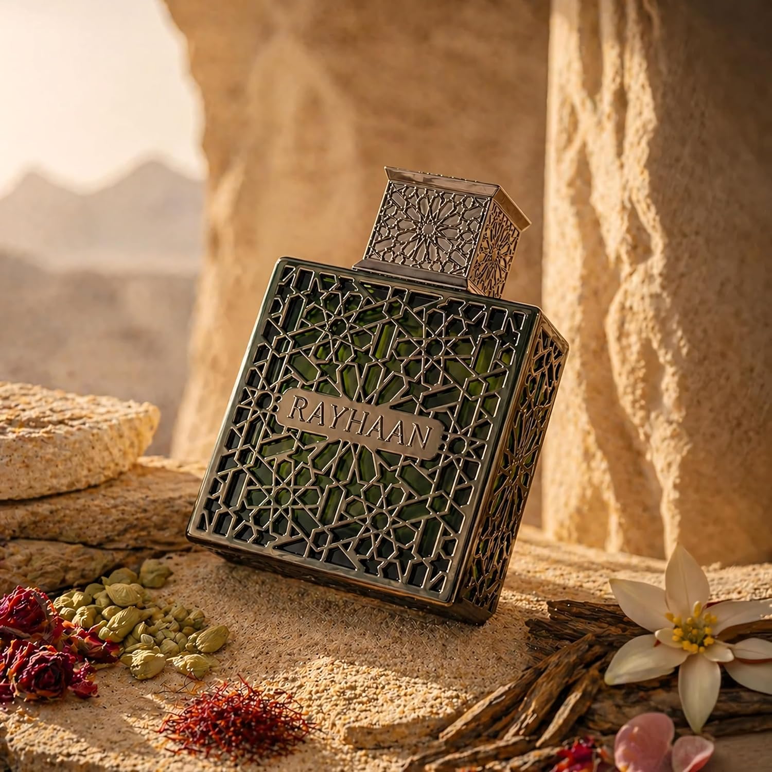 Frasco de perfume verde com tampa metálica e padrão árabe sobre pedra com especiarias e flor branca.