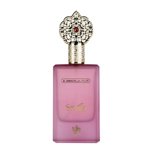 Frasco de perfume rosa fosco com tampa dourada decorada com pedras e texto AL ANDALUS e Sevilla