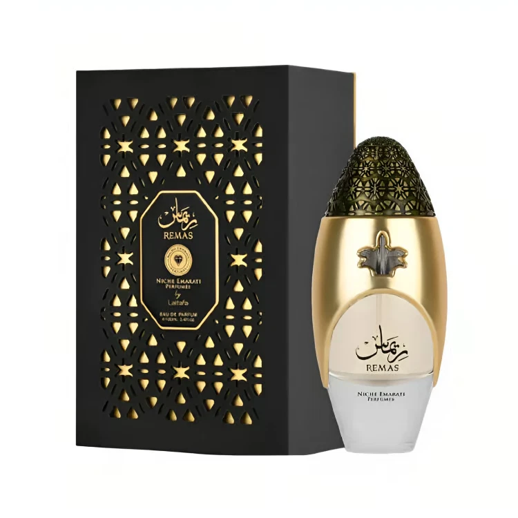 Perfume sólido REMAS NIGHT ELHAMRATI FEMININE com estojo preto e padrão geométrico