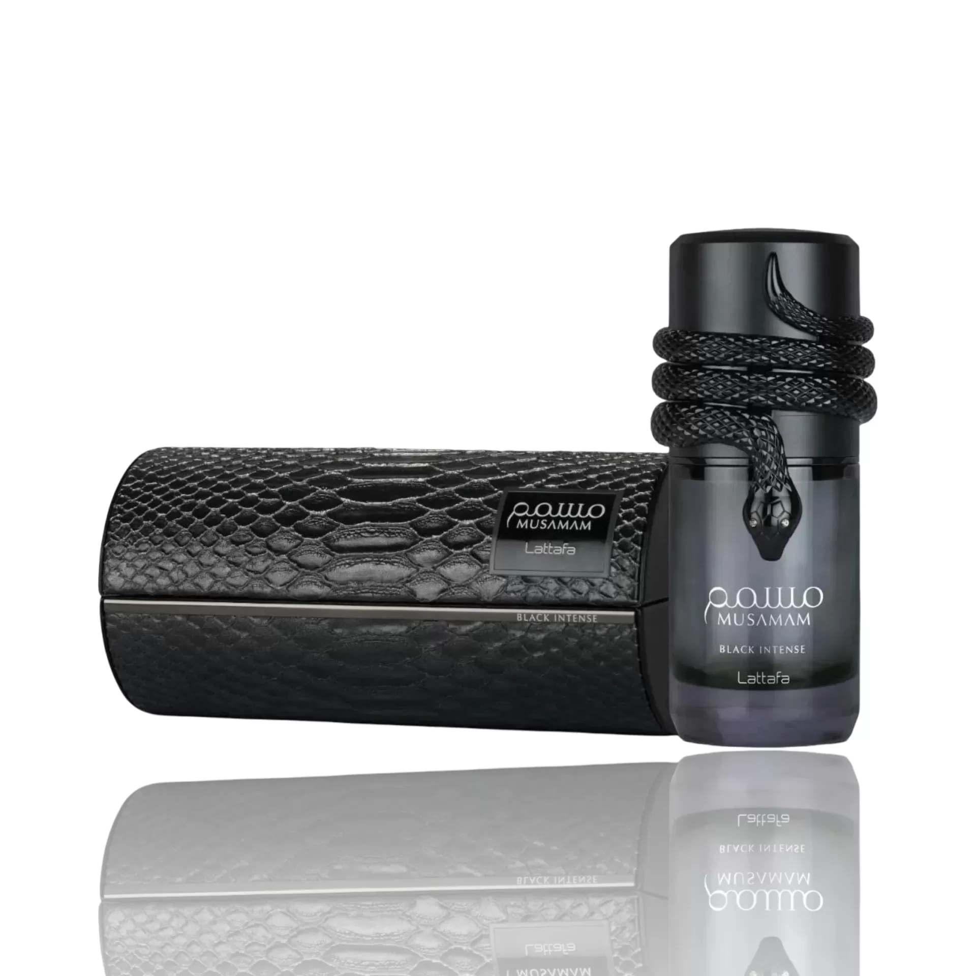 Frasco de perfume preto com serpente decorativa e estojo preto com textura de pele de cobra