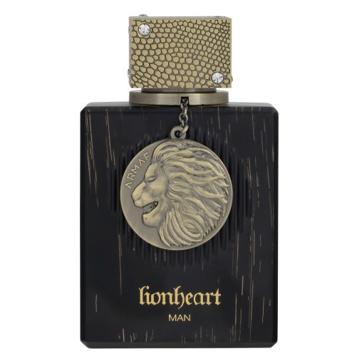 frasco de perfume preto com medalhão de leão dourado