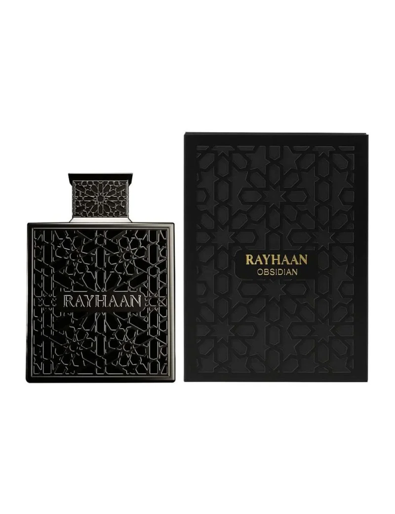 frasco e caixa de perfume preto com padrão geométrico e texto RAYHAAN OBSIDIAN