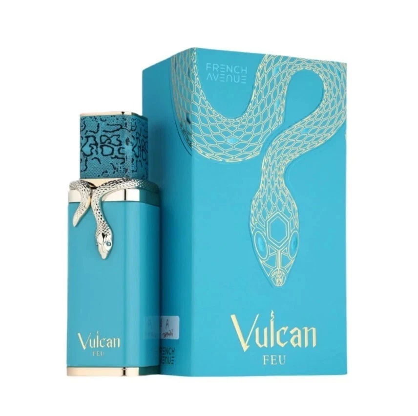 Perfume Vulcan Feu com embalagem azul e desenho de cobra dourada