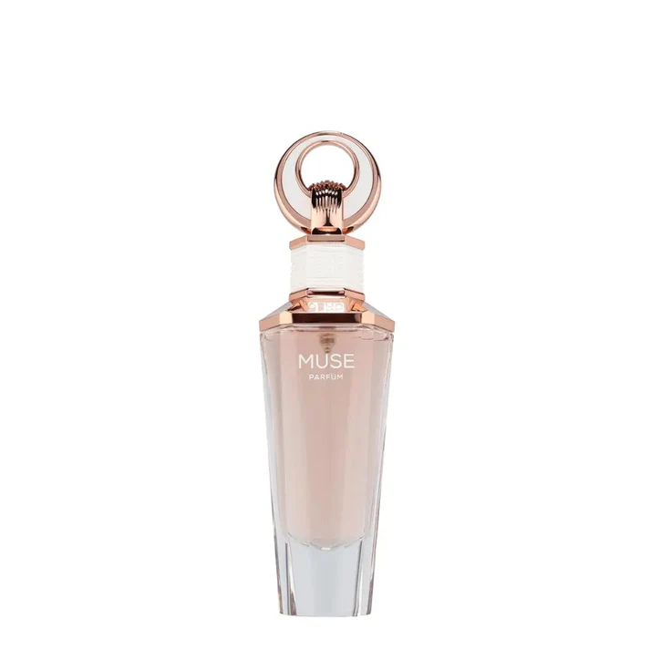 Frasco de perfume Muse Parfum cor de rosa e dourado