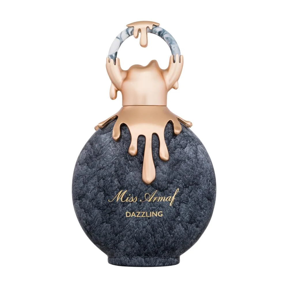 Frasco de perfume Miss Armaf DAZZLING azul texturizado com detalhes dourados