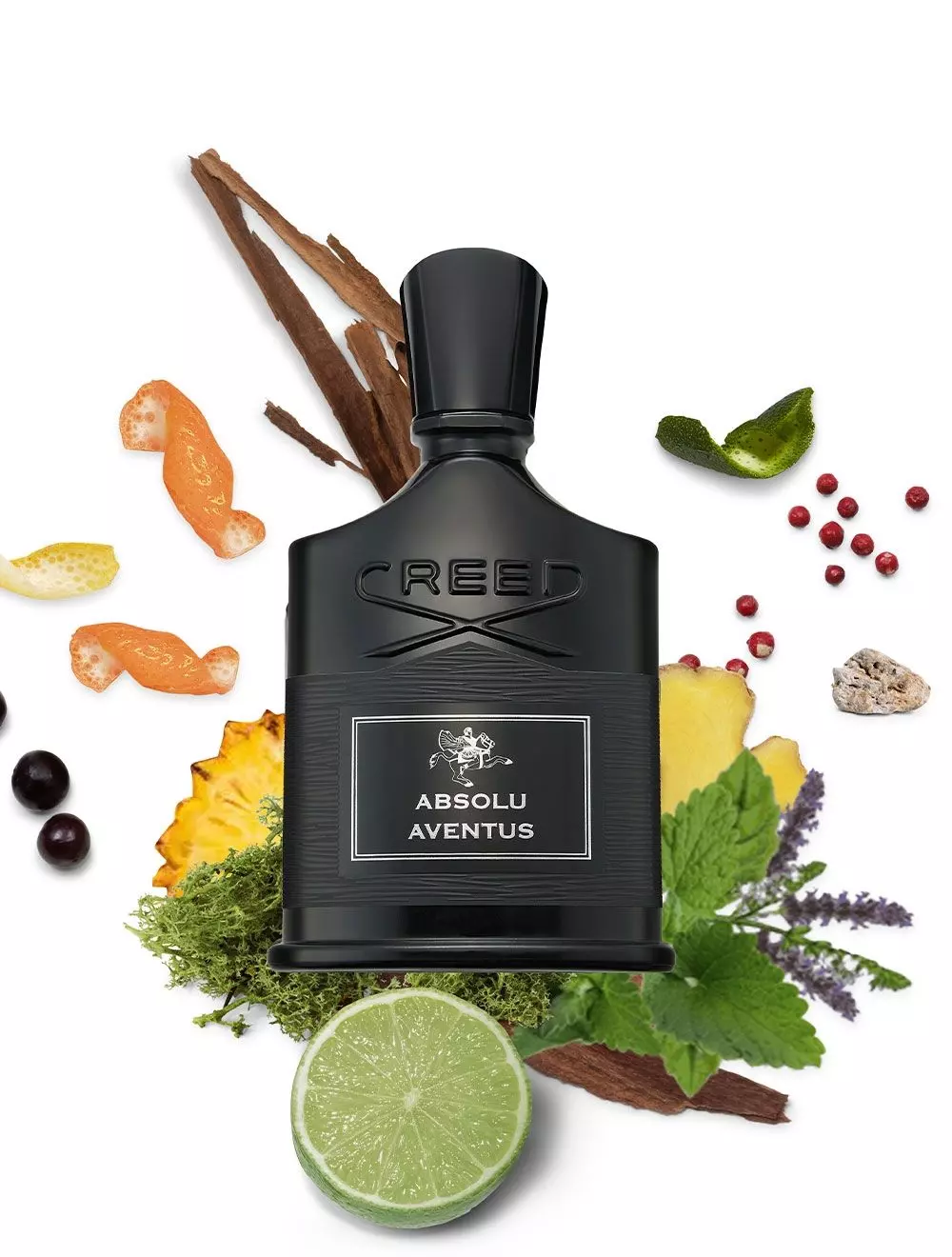 Frasco preto de perfume Creed Absolu Aventus rodeado por ingredientes naturais.