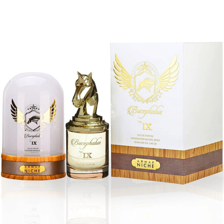 Frasco dourado de perfume Bucephalus No. IX com cabeça de cavalo, caixa e cobertura em vidro com base madeira