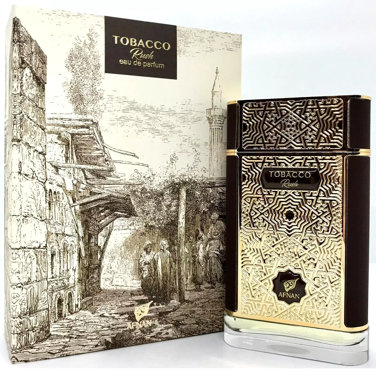 Frasco do perfume TOBACCO RICH em dourado com padrão geométrico e caixa com ilustração de rua antiga