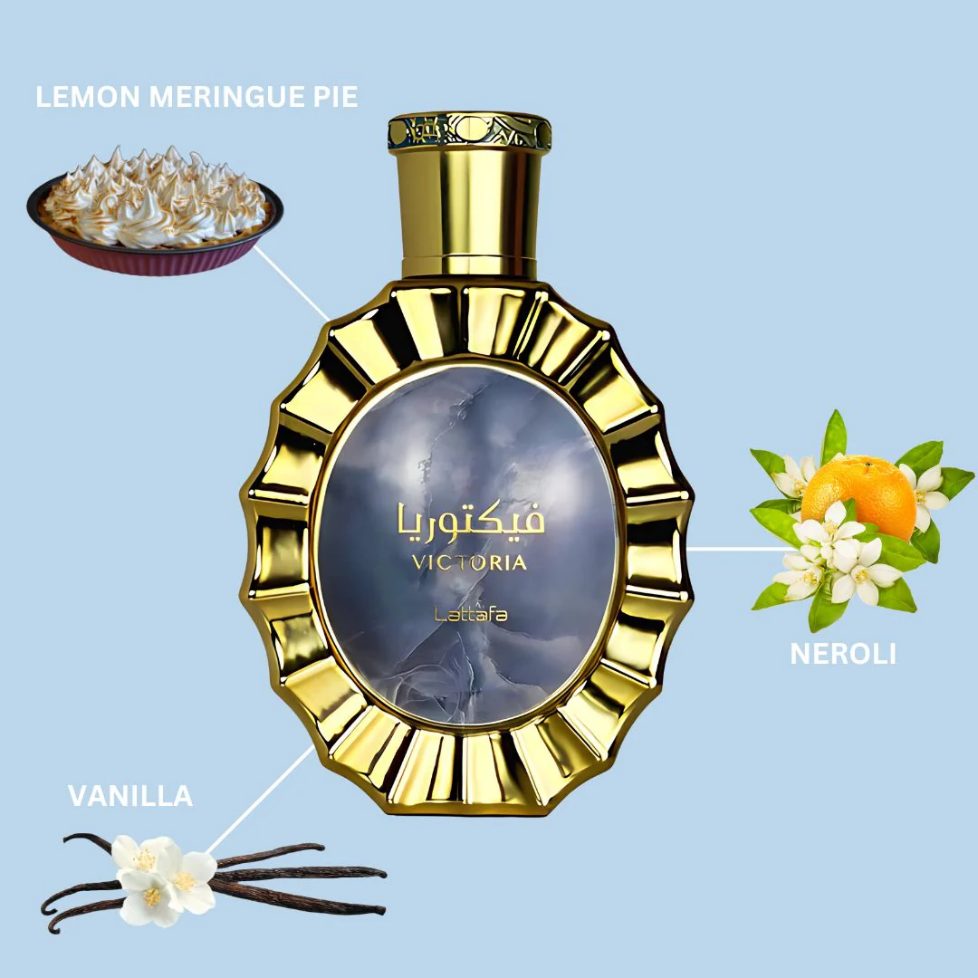 Frasco de perfume dourado e ingredientes de lemon meringue pie, vanilla e neroli