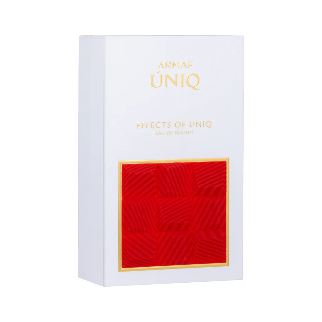 Caixa branca de perfume Armaf Uniq com detalhe vermelho texturizado e texto dourado