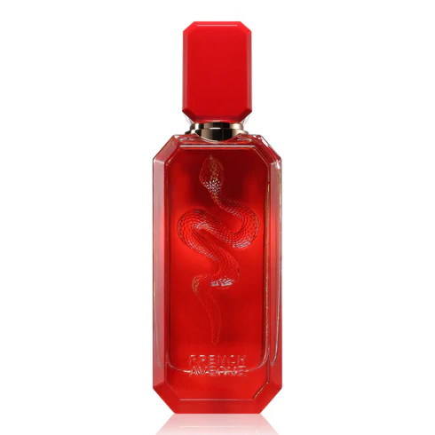 Frasco de perfume vermelho com relevo de cobra e tampa octogonal