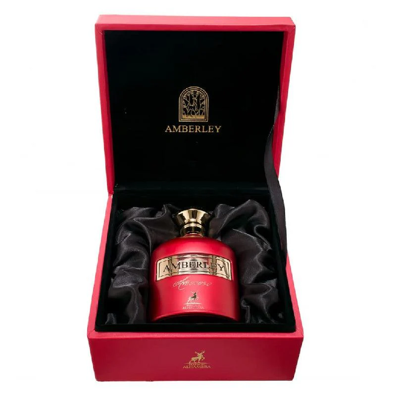 Frasco vermelho de perfume Amberley numa caixa vermelha com interior preto acetinado