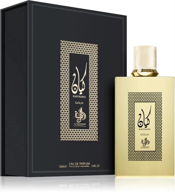 Perfume KAYAAN GOLD dourado com caixa preta e detalhes dourados