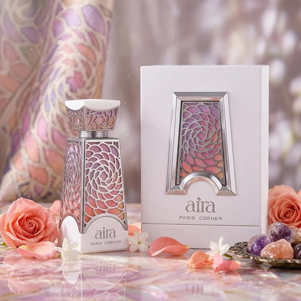 Frasco de perfume e embalagem com padrão espiral em tons rosa e lilás, decorados com flores e pedras.