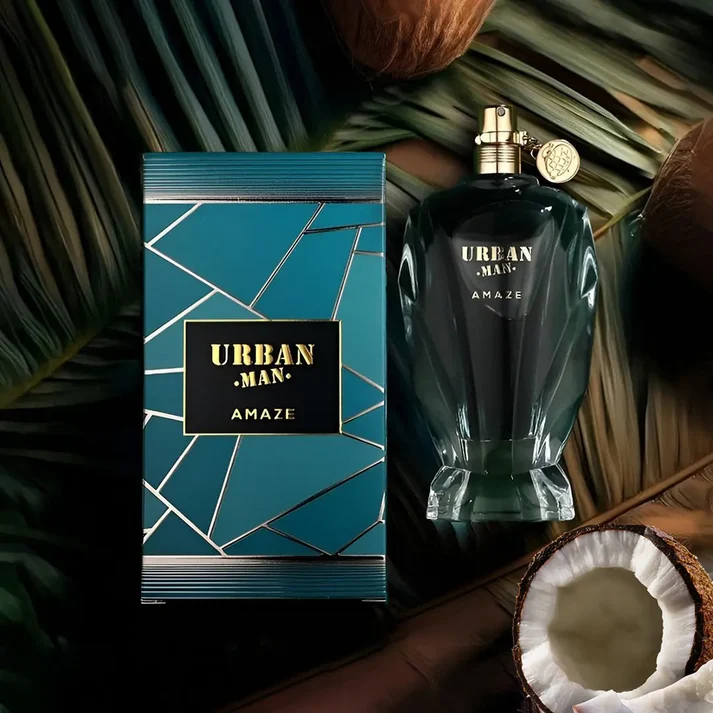 Perfume Urban Man Amaze com frasco verde escuro e embalagem azul