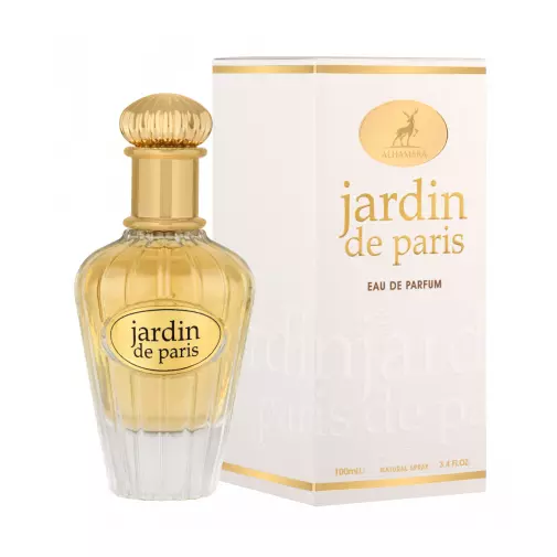 Frasco de perfume dourado e caixa branca com texto jardin de paris