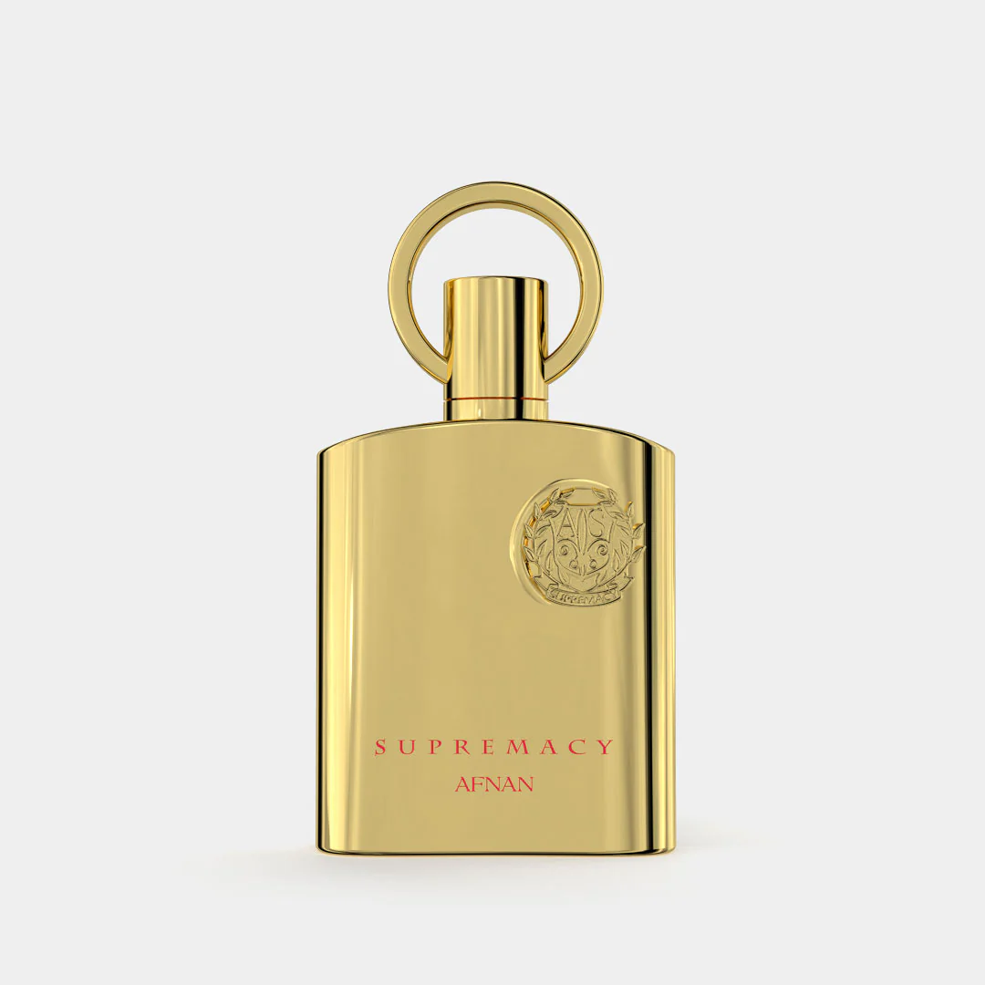 Frasco dourado de perfume com texto SUPREMACY AFNAN