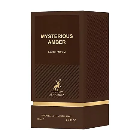 Embalagem castanha de perfume Mysterious Amber com texto dourado