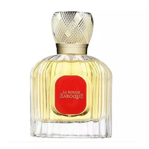 Frasco de perfume LA ROUGE BAROQUE com tampa decorada e etiqueta vermelha