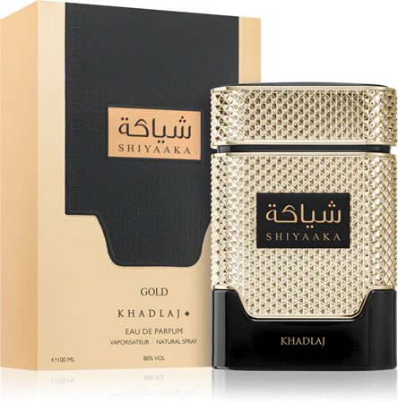 Frasco e caixa de perfume SHIYAAKA KHADLAJ GOLD