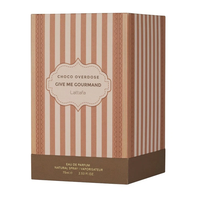 Embalagem de perfume Lattafa Choco Overdose com riscas verticais e texto