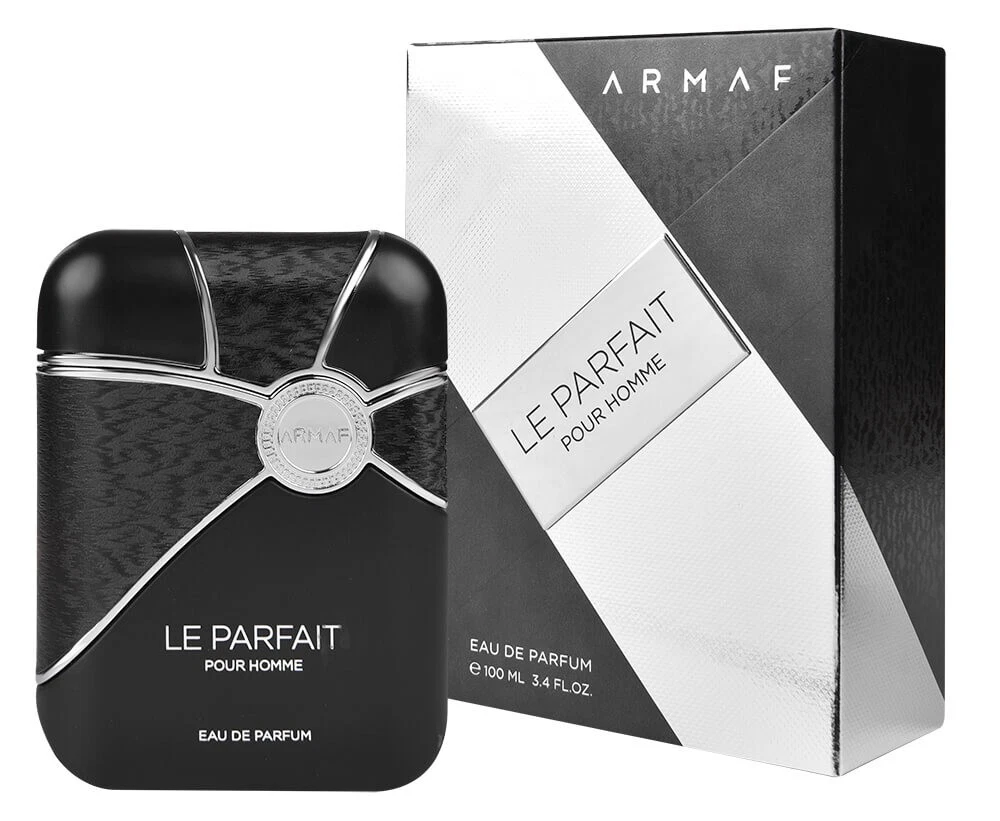 Frasco e caixa de perfume ARMAF Le Parfait Pour Homme, preto e prata