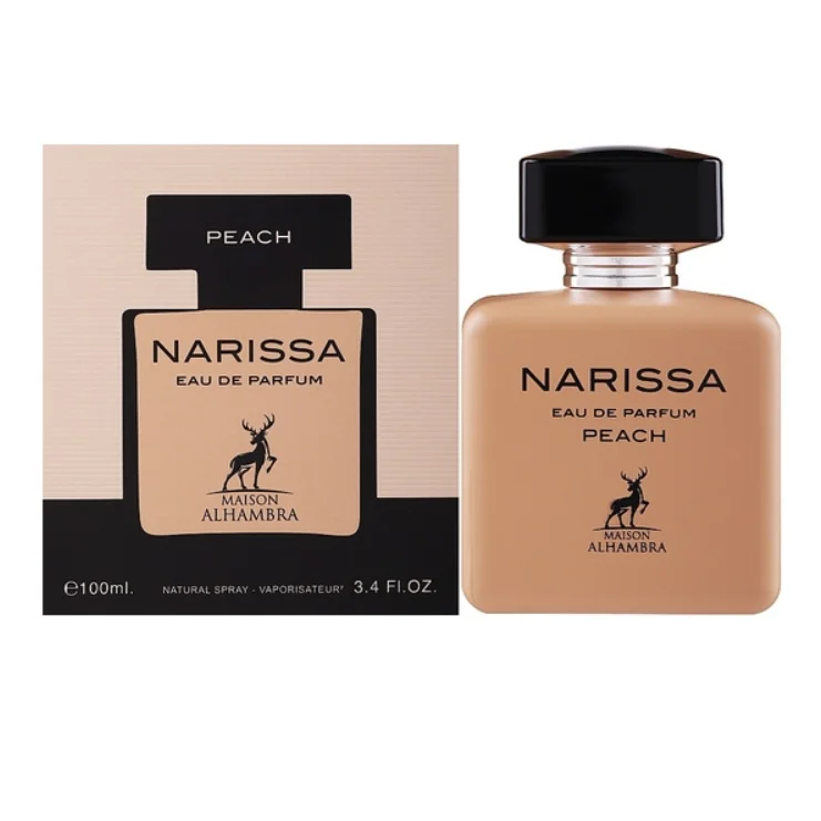 Frasco e embalagem do perfume Narissa Eau de Parfum Peach em cor pêssego com tampo preto.