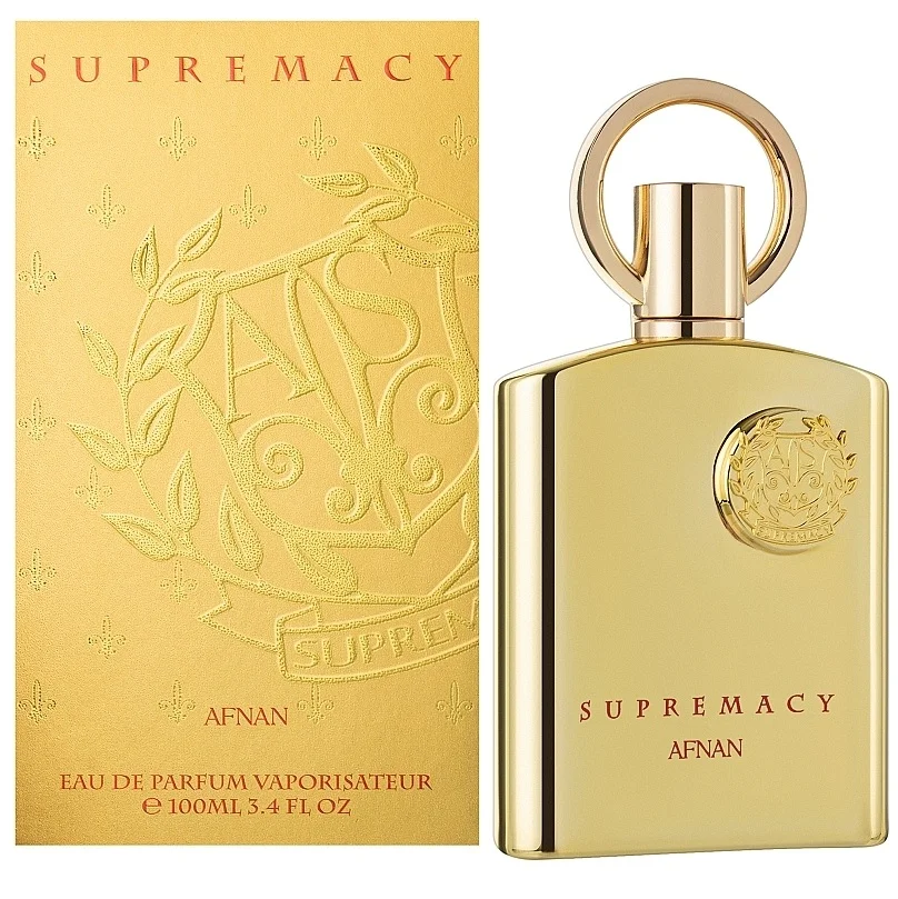 Frasco de perfume dourado e caixa SUPREMACY AFNAN