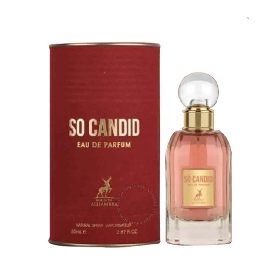 Perfume So Candid com embalagem vermelha e frasco de vidro transparente