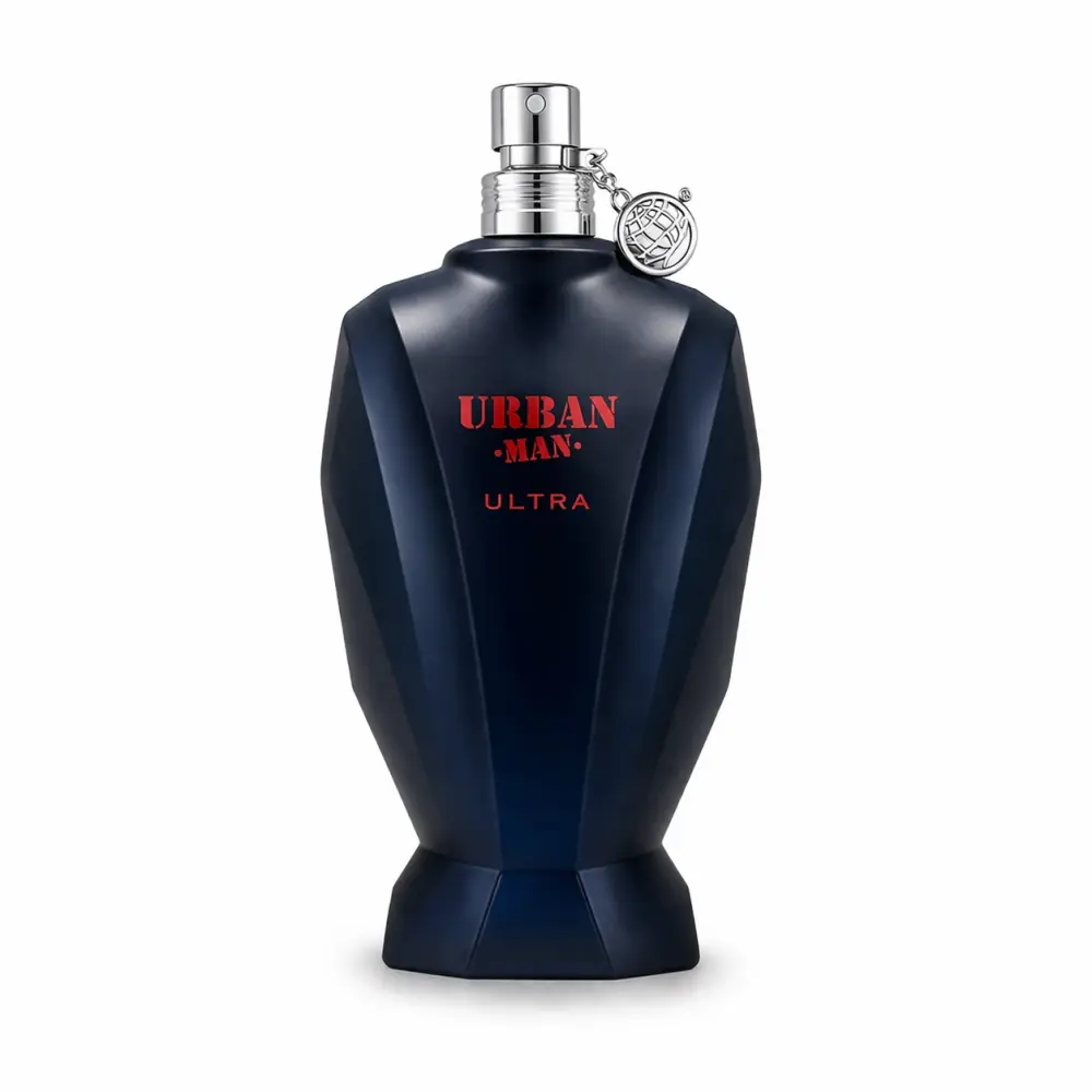 Frasco azul escuro de perfume Urban Man Ultra com tampa spray prateada.