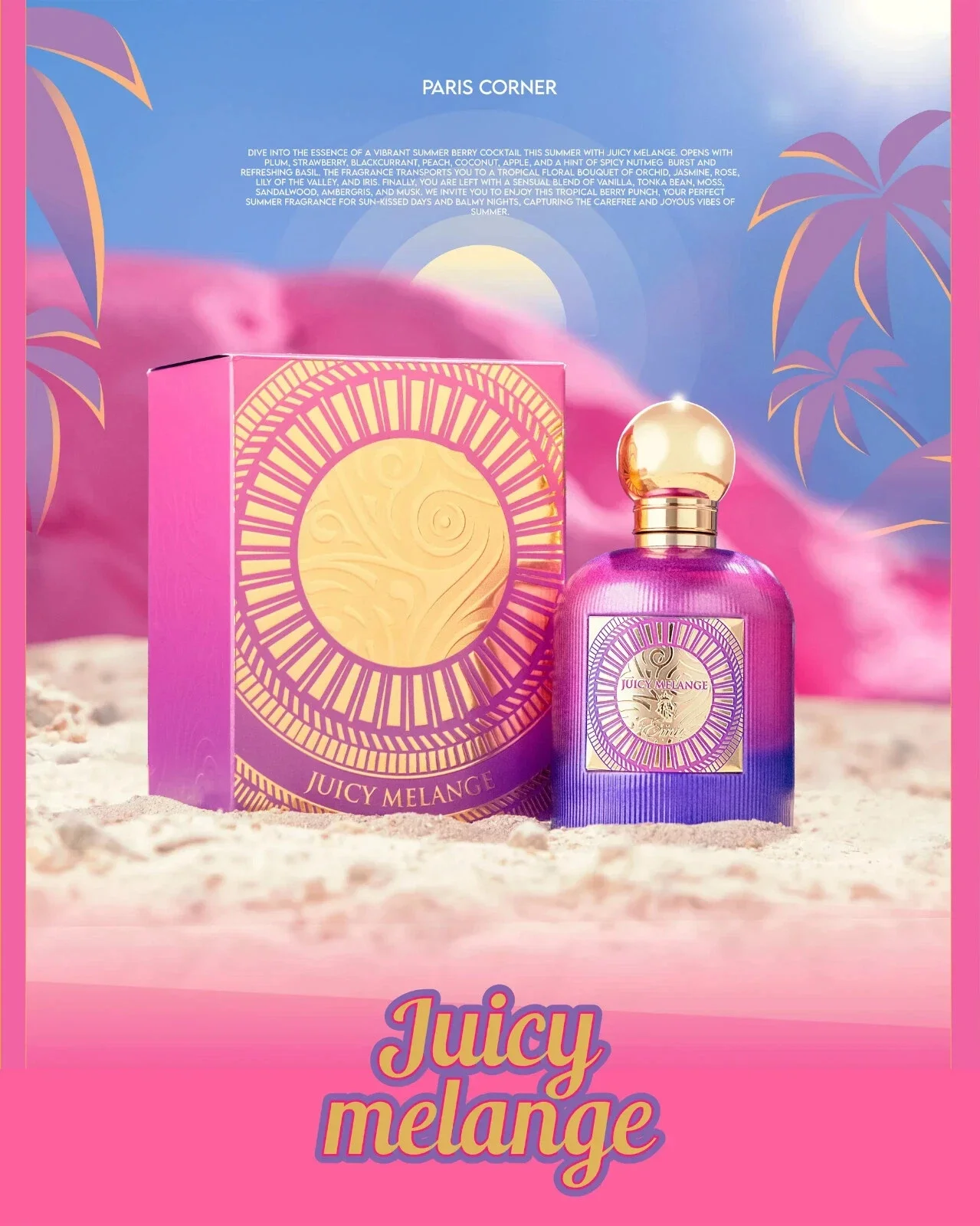Frasco de perfume Juicy Melange com caixa roxa sobre areia com fundo azul e rosa