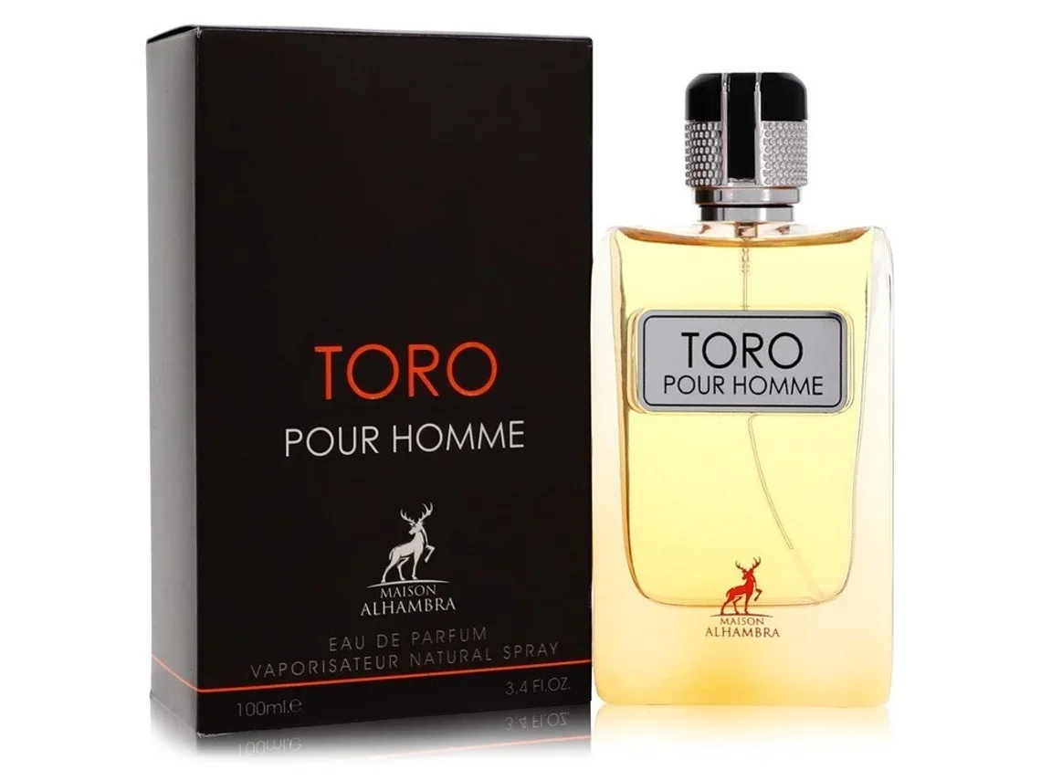 Frasco de perfume Toro Pour Homme ao lado da caixa preta correspondente