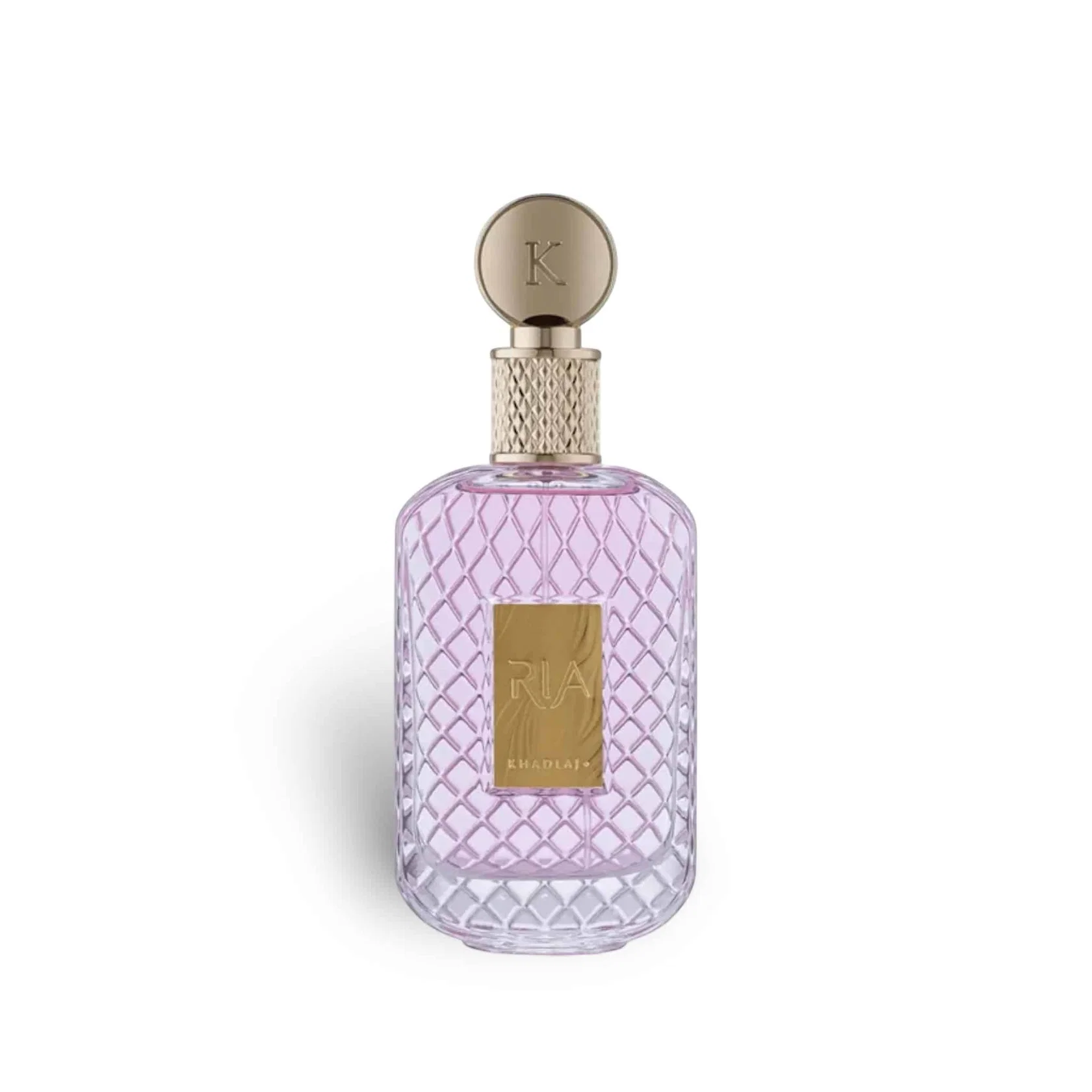 Frasco de perfume rosa claro com tampa dourada e etiqueta RIA KHADLAJ