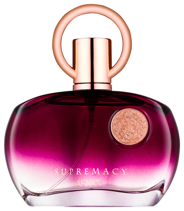 Frasco de perfume roxo degradé com tampa dourada e texto SUPREMACY AFNAN
