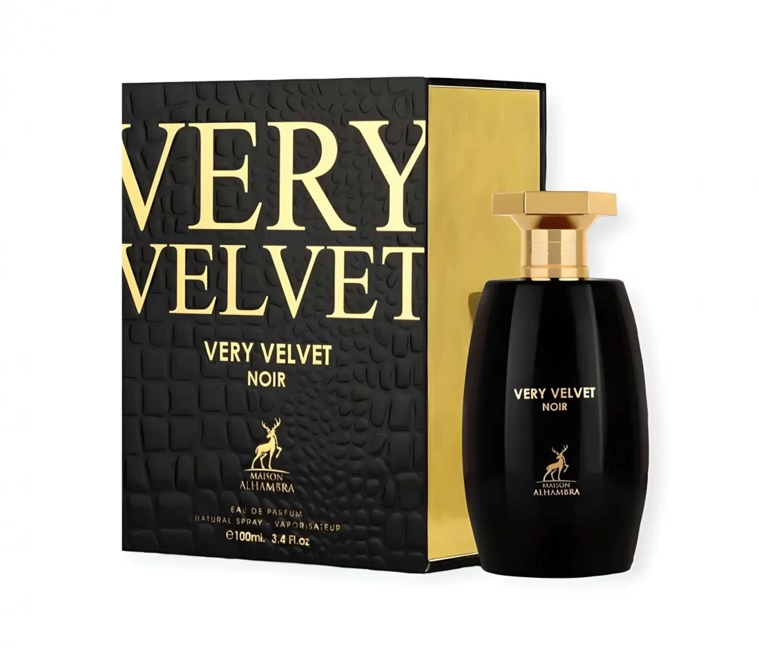 Perfume Very Velvet Noir da Maison Alhambra com frasco preto e tampa dourada acompanhado da embalagem preta com textura e letras douradas