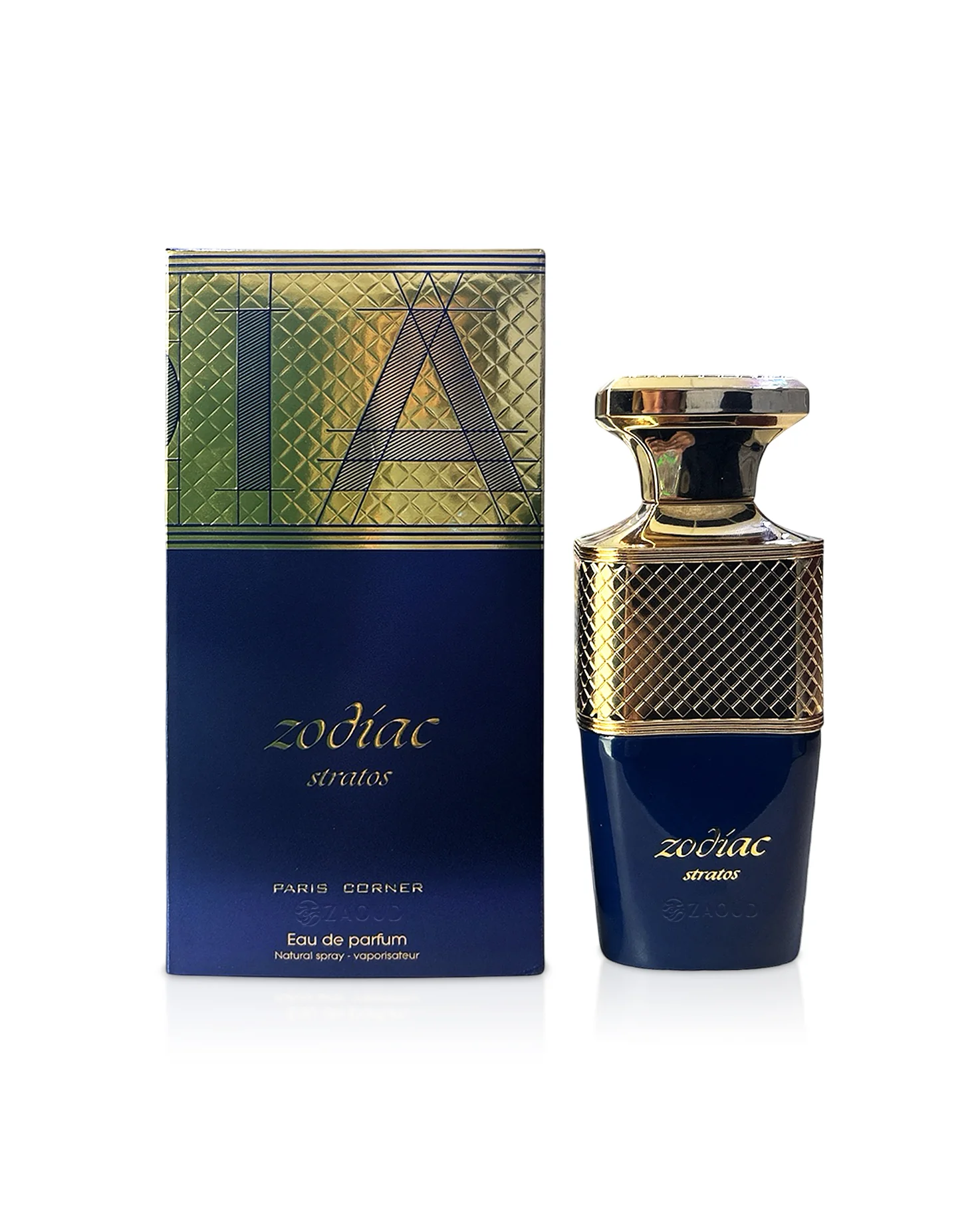 Frasco e caixa de perfume Zodiac Stratos azul e dourado